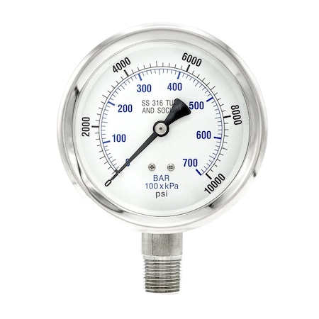 Pro 4 in Dial, 0/10,000 PSI & Bar, 1/2 in NPT, Lower Mount Dry/Fillable Pressure Gauge PRO-301D-402U-01